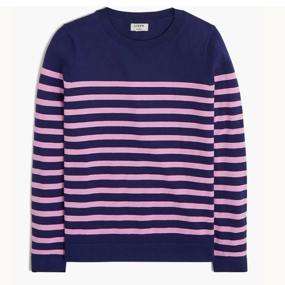 NWT J. Crew Navy Blue and Pink Striped Teddie Sweater Women’s 100% Cotton Sz S